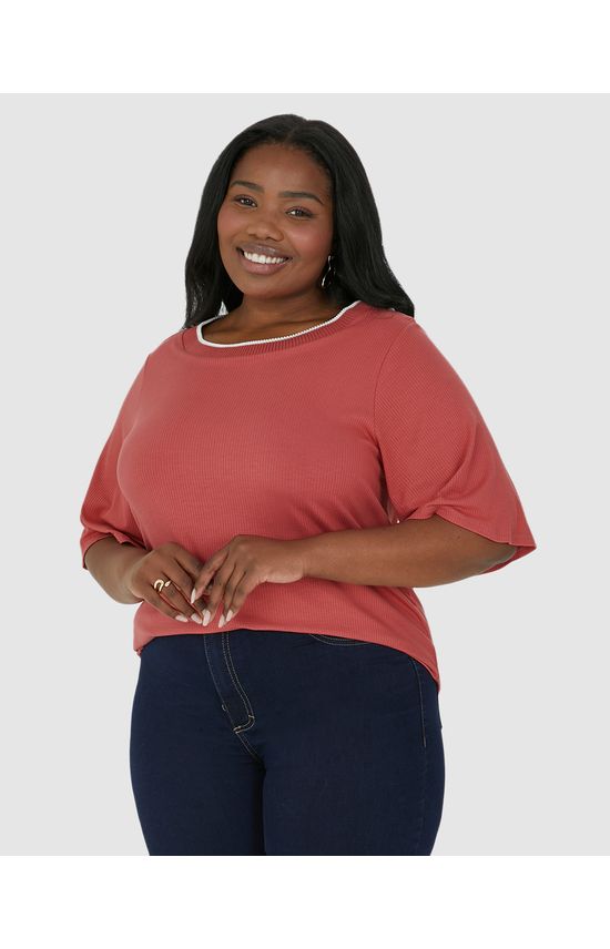 Blusa Feminina Plus Size Ampla Gola Redonda Retilínea Em Viscose Canelada