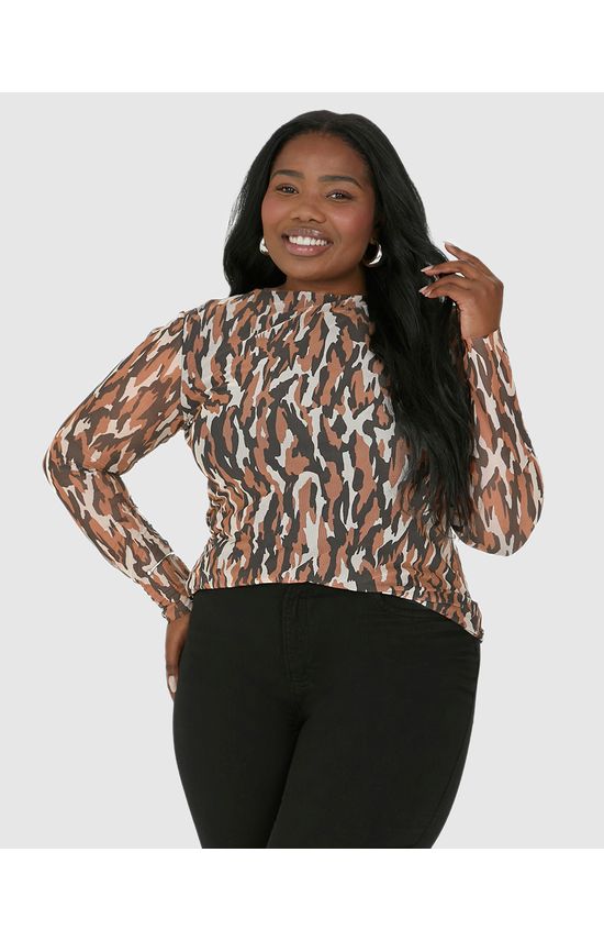 Blusa Feminina Plus Size Justa Animal Print Em Tule Stretch