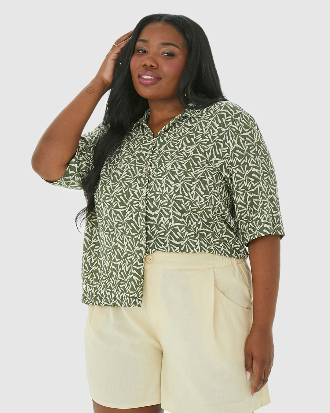 Camisa Feminina Plus Size Box Estampada Em Viscose Lurex - Verde - G2