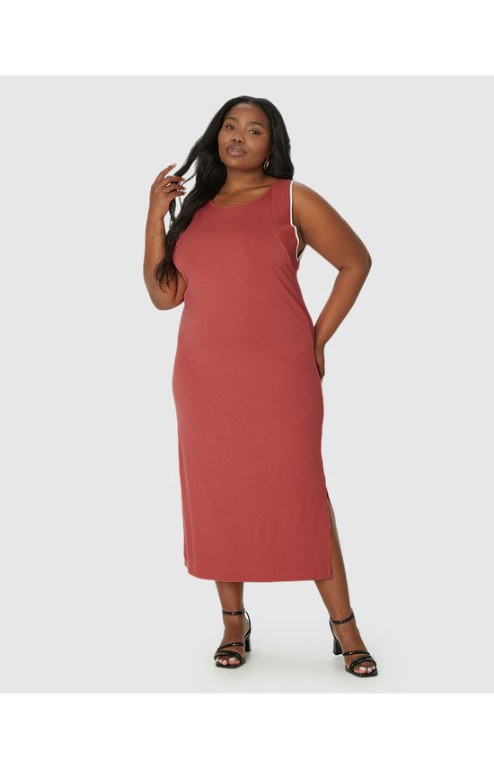 Vestido Midi Feminino Plus Size Reto Em Malha Viscose Canelada