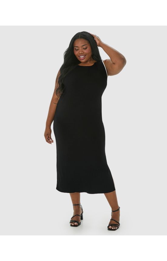 Vestido Midi Feminino Plus Size Reto Em Malha Viscose Canelada