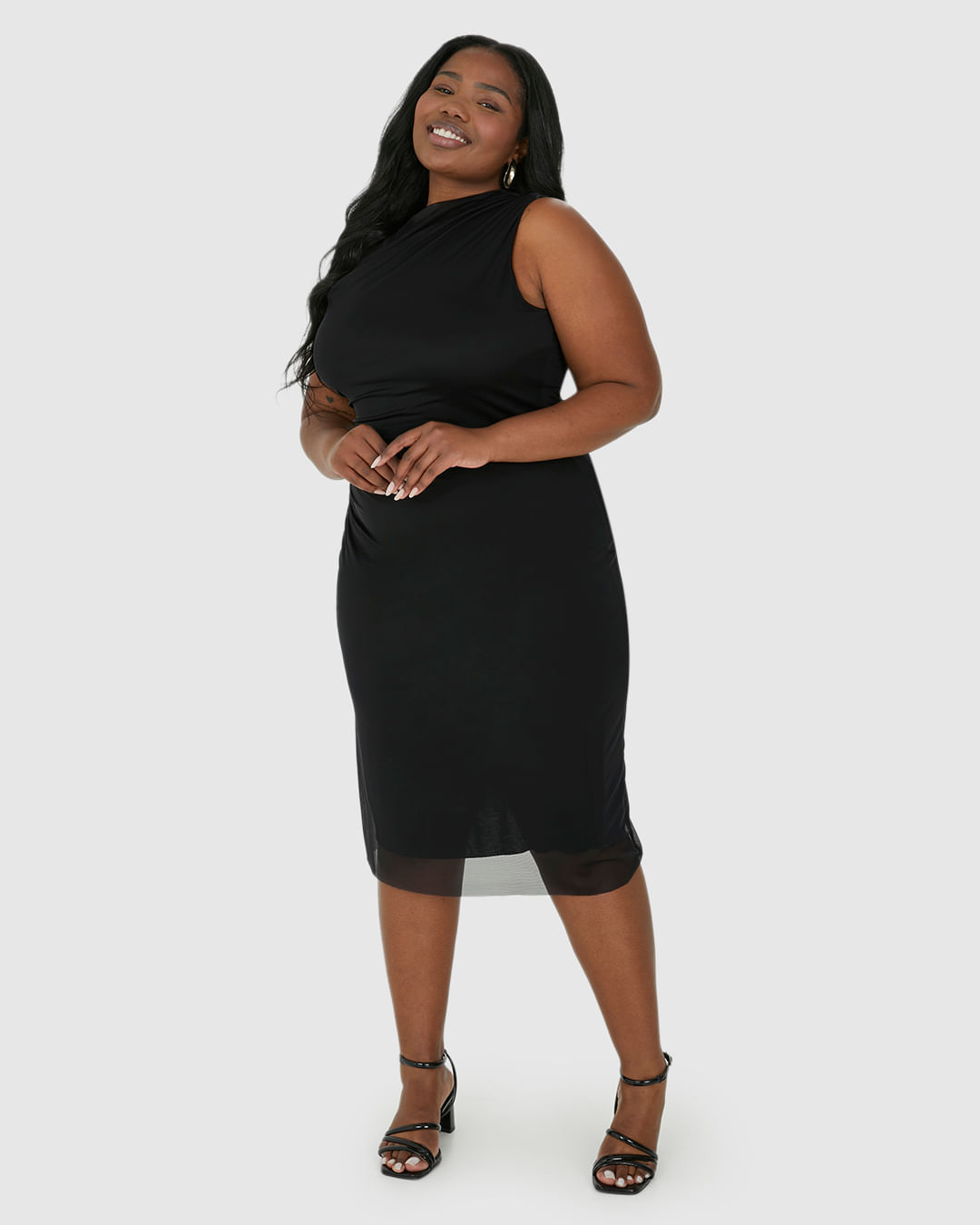 Vestido Midi Feminino Plus Size Detalhe Franzido Em Tule Stretch