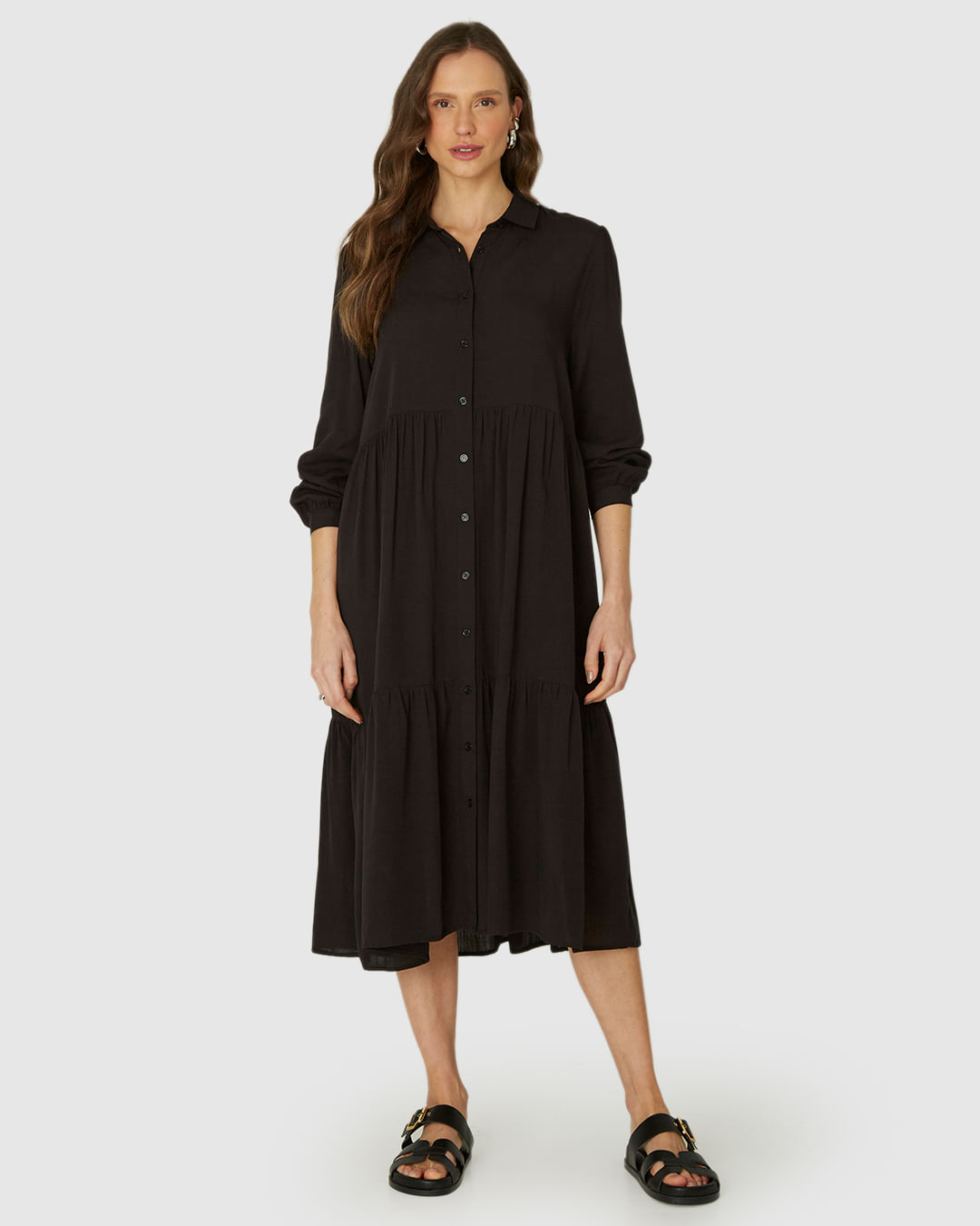 Vestido Chemise Feminino Abotoamento Frontal Em Viscose Sarjada - Imagem 6