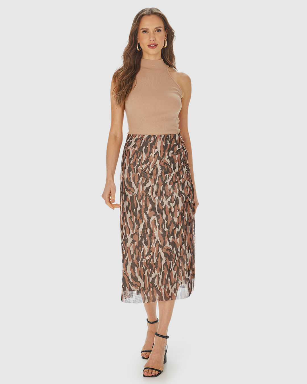 Saia Reta Feminina Animal Print Fenda Lateral Em Tule Stretch - Imagem 21