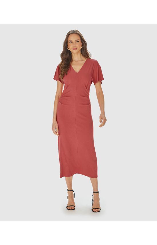 Vestido Midi Feminino Pregas Na Cintura Em Malha Viscose Canelada