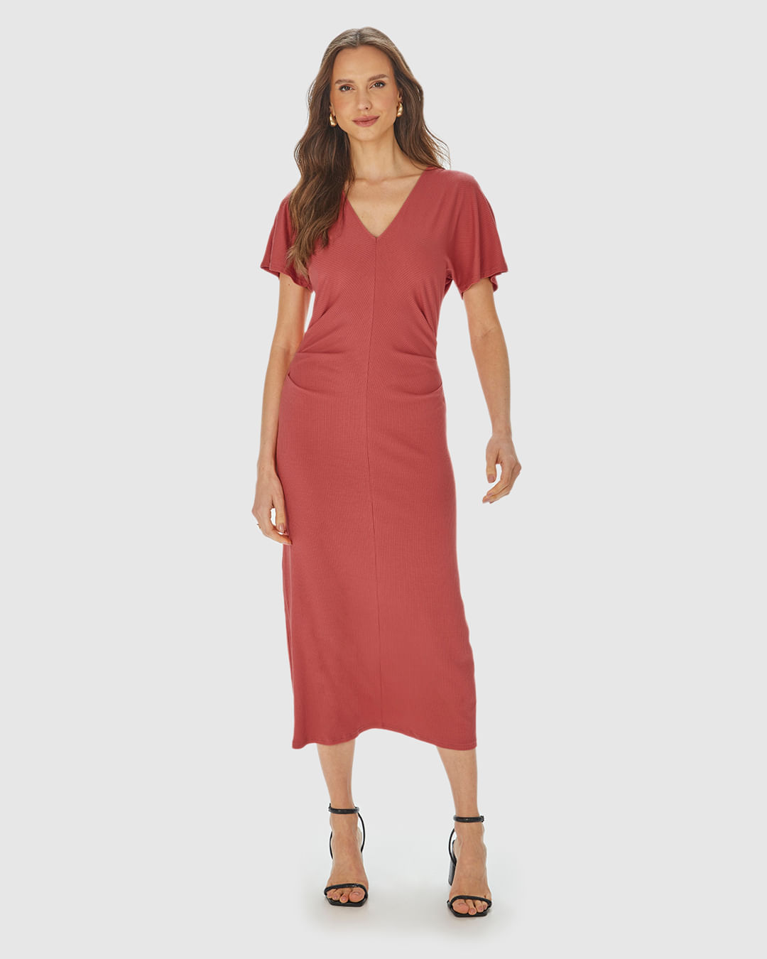 Vestido Midi Feminino Pregas Na Cintura Em Malha Viscose Canelada - Imagem 16