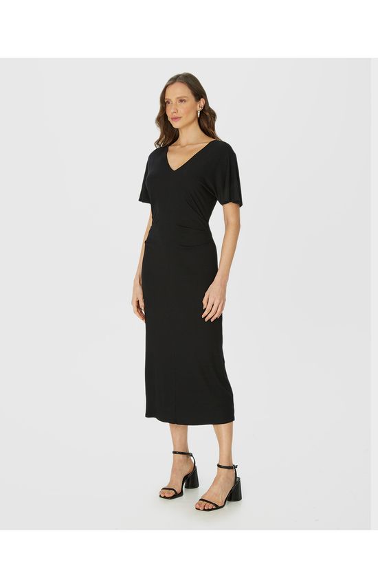 Vestido Midi Feminino Pregas Na Cintura Em Malha Viscose Canelada