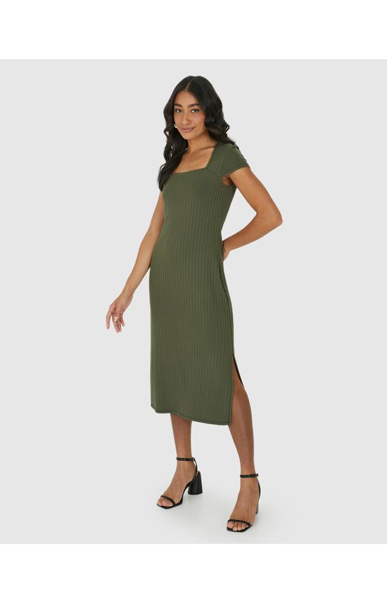 Vestido Midi Feminino Justo Decote Quadrado Em Malha Viscose Canelada