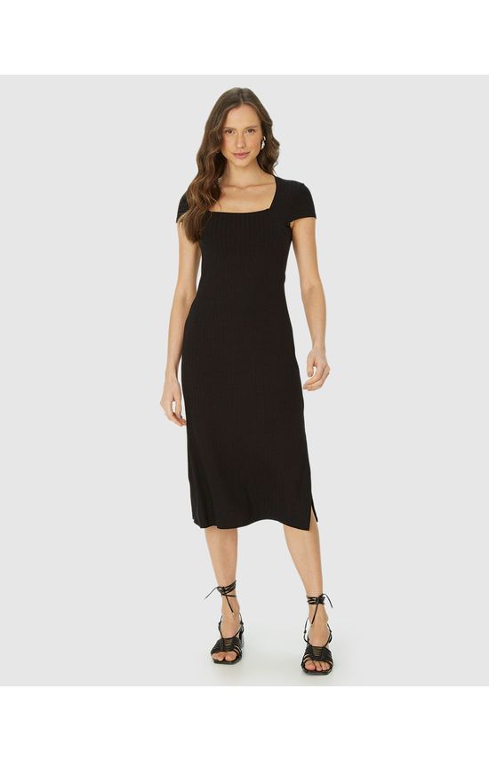 Vestido Midi Feminino Justo Decote Quadrado Em Malha Viscose Canelada