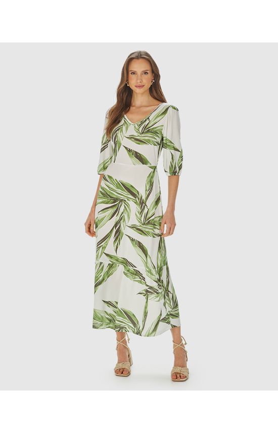 Vestido Midi Feminino Marias Estampado Manga 3/4 Em Viscose