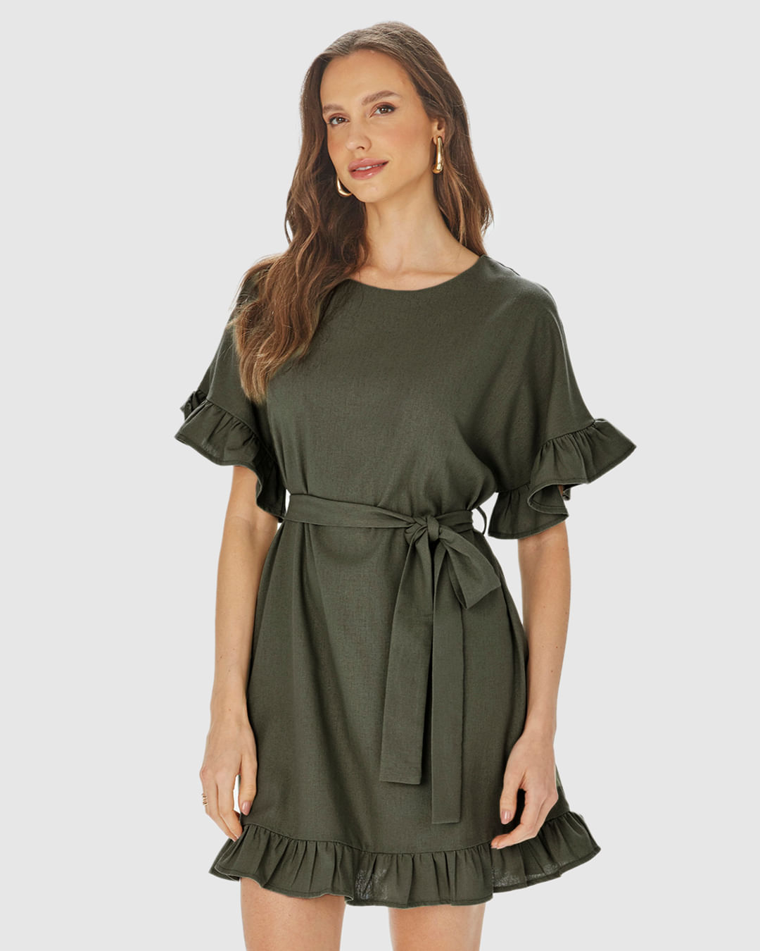Vestido Feminino Babados Com Cinto Em Viscolinho