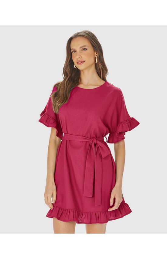 Vestido Feminino Babados Com Cinto Em Viscolinho