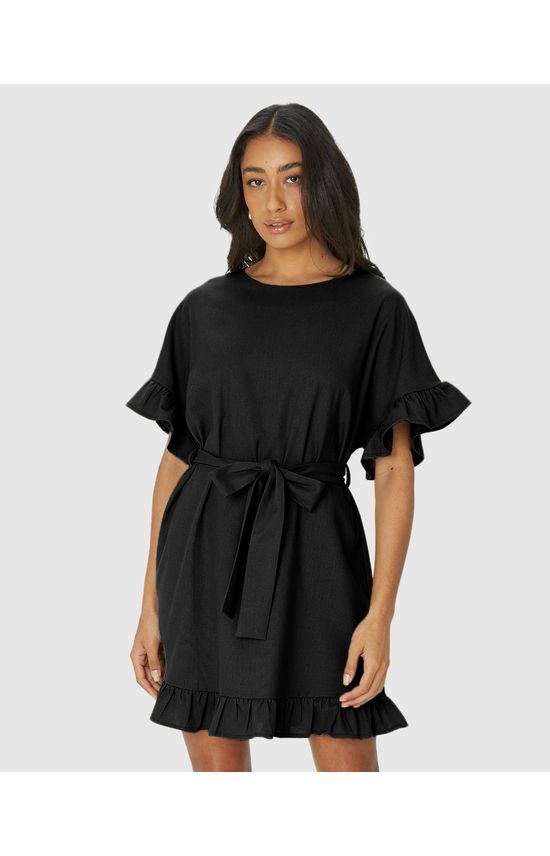 Vestido Feminino Babados Com Cinto Em Viscolinho