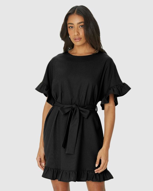 Vestido Feminino Babados Com Cinto Em Viscolinho Preto - M