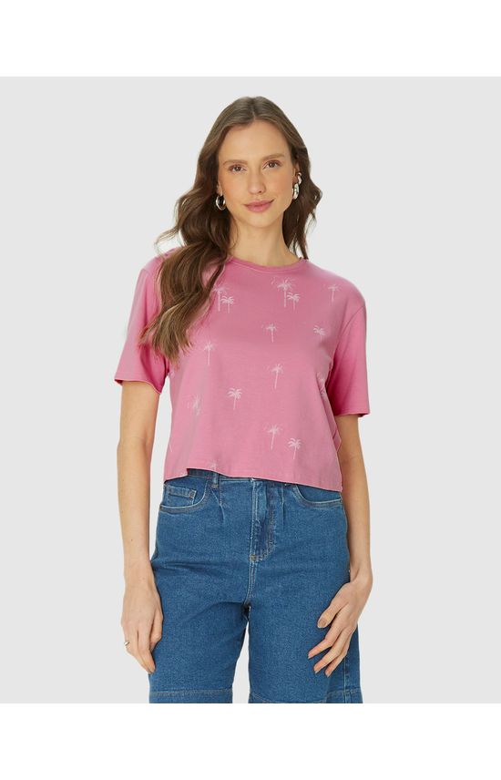 Camiseta Long Cropped Estampa Coqueiros Em Algodão