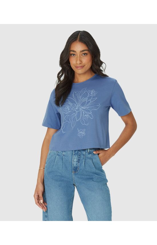 Camiseta Long Cropped Feminina Estampa Ilustrativa Em Algodão