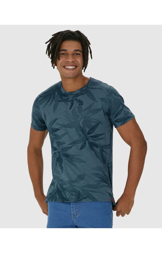 Camiseta Masculina Estampa Folhagem Em Malha Rajada Linho