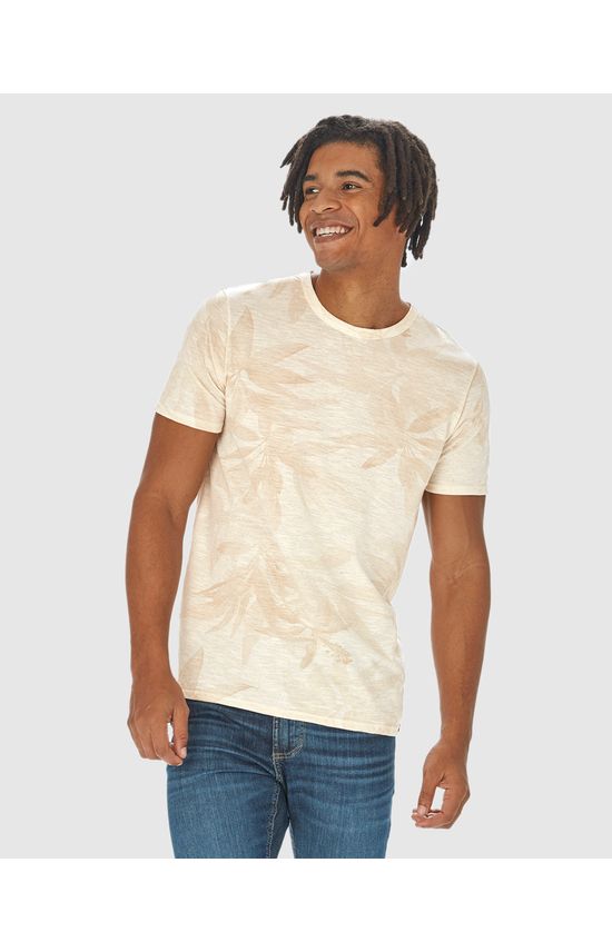 Camiseta Masculina Estampa Folhagem Em Malha Rajada Linho