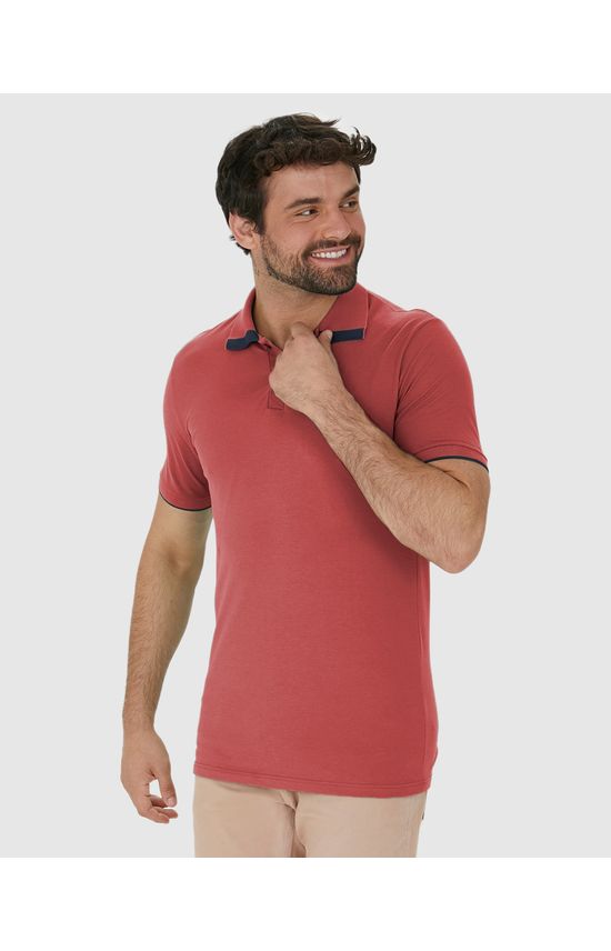 Camisa Polo Masculina Peitilho Cor Contraste Em Piquet Stretch