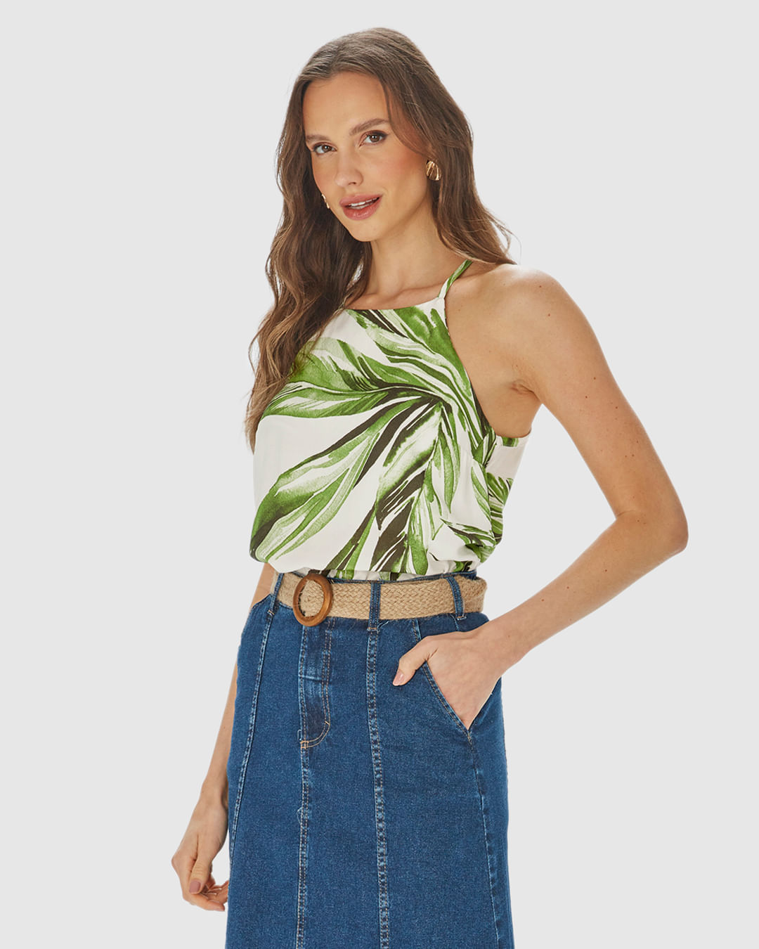 Regata Evasê Feminina Alça Fina Folhagem Em Viscose - Imagem 16