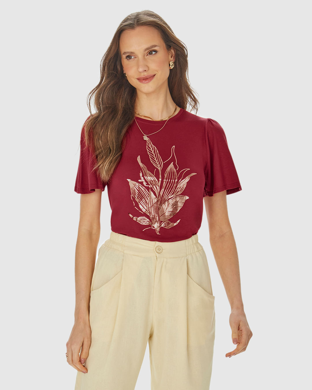 Camiseta Feminina Estampa Foil Manga Franzida em Viscose Stretch