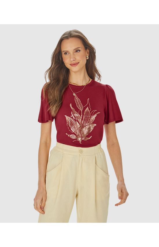 Camiseta Feminina Estampa Foil Manga Franzida Em Viscose Stretch