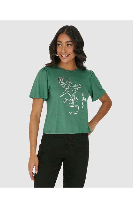 Camiseta Feminina Estampa Foil Manga Franzida Em Viscose Stretch