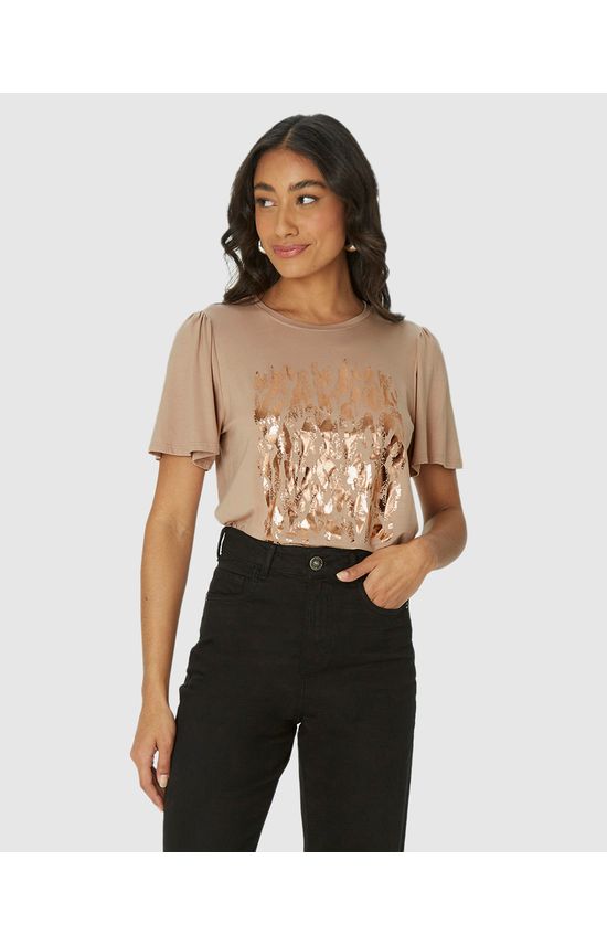 Camiseta Feminina Estampa Foil Manga Franzida Em Viscose Stretch