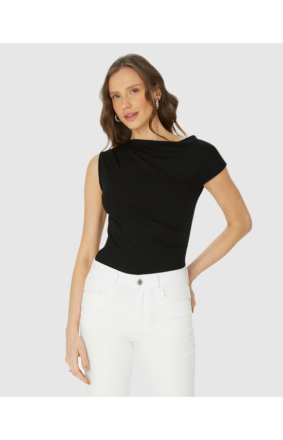 Blusa Feminina Assimétrica Com Detalhe Franzido Em Malha Viscose Canelada