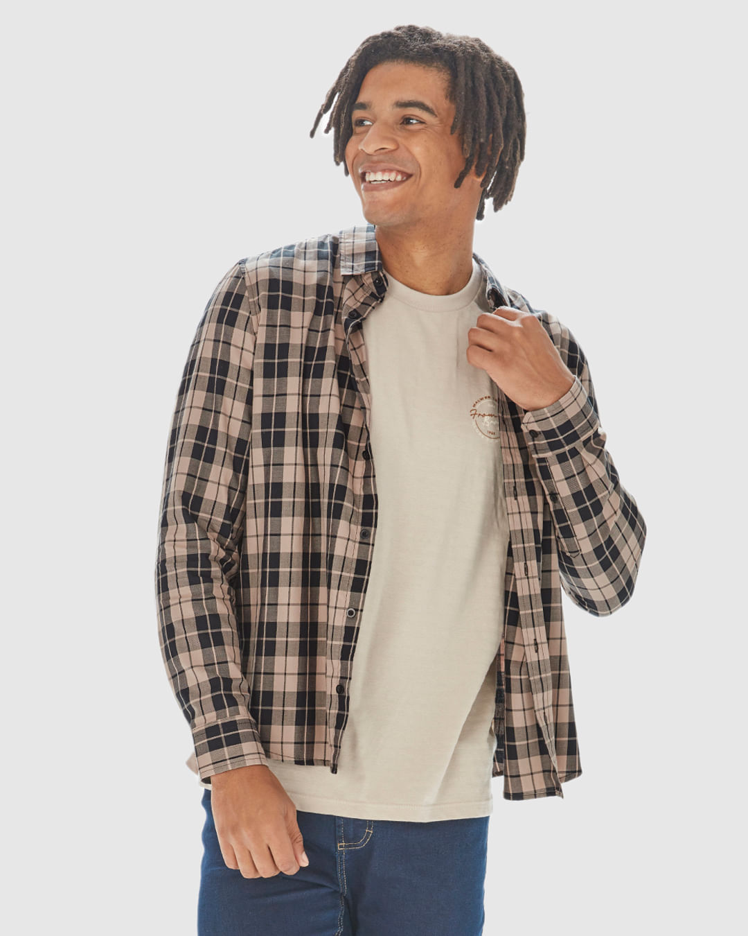 Camisa Masculina Xadrez Manga Longa Em Algodão Sarjado