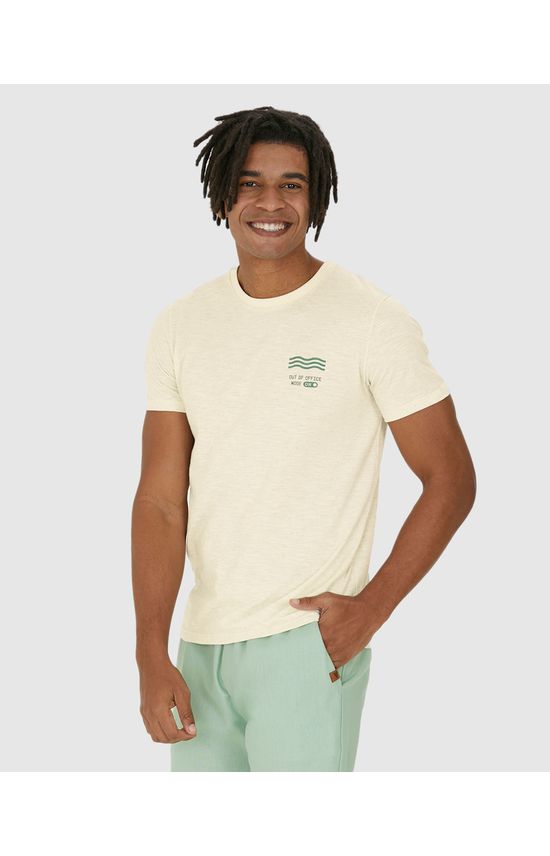 Camiseta Masculina Slim Estampa Frente E Costas Em Malha Rajada Linho