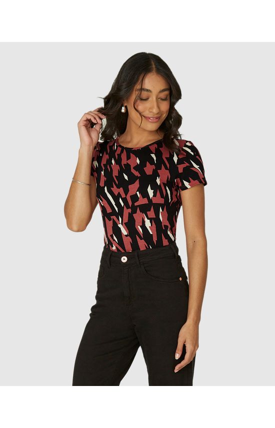 Blusa Feminina Estampada Manga Curta Em Viscose Stretch