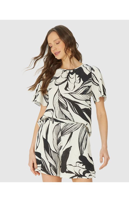Blusa Ampla Feminina Folhagem Franzido No Decote Em Viscolinho Texturizado