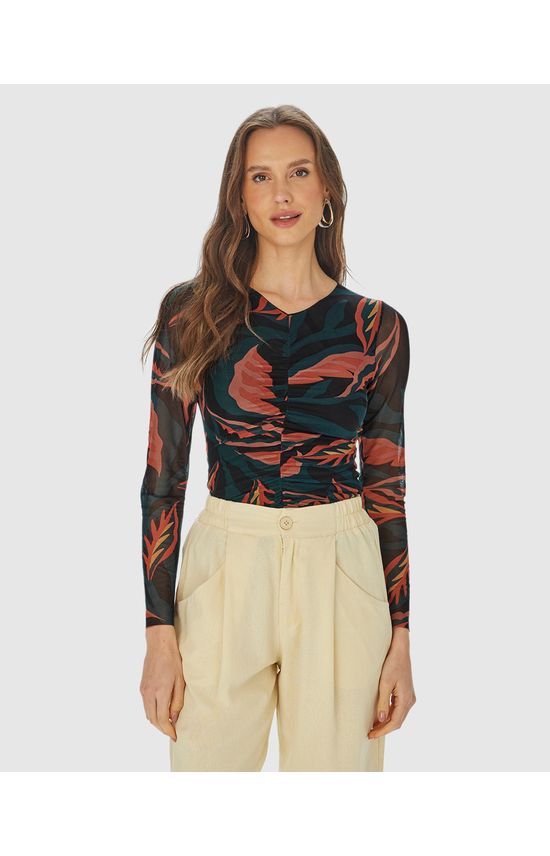 Blusa Justa Feminina Folhagem Franzido Frontal Em Tule Stretch