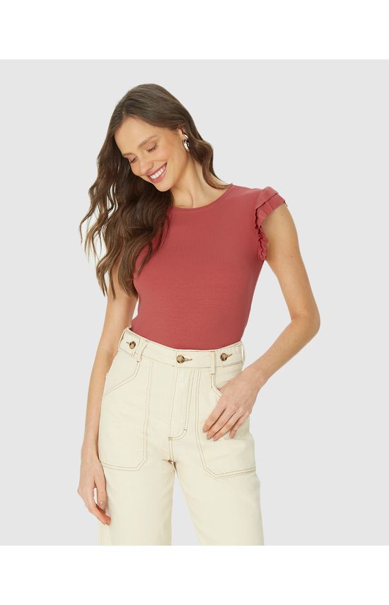 Blusa Feminina Manga Babado Em Malha Canelada Brilho