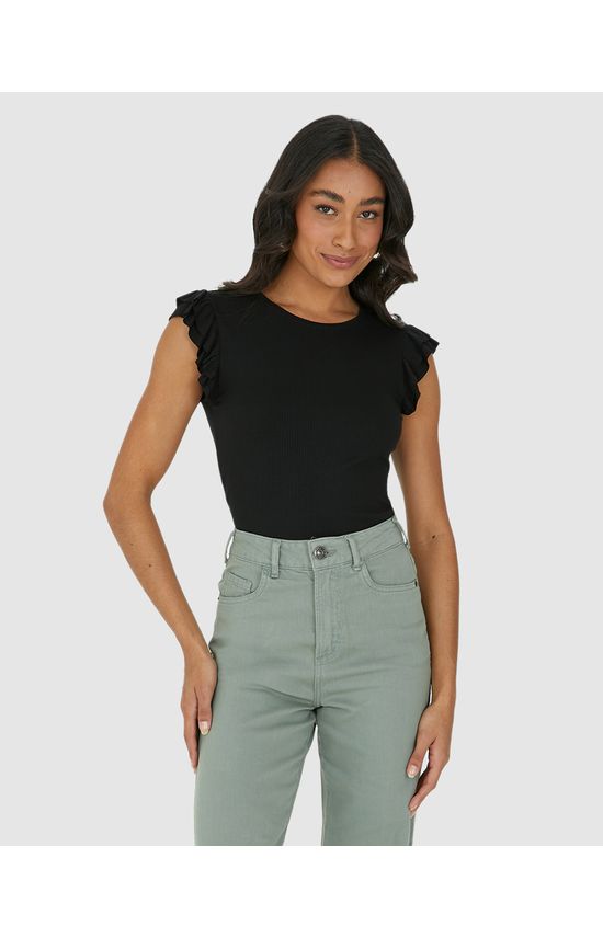 Blusa Feminina Manga Babado Em Malha Canelada Brilho