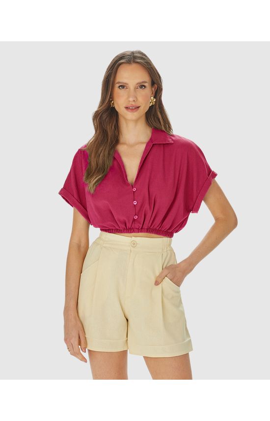 Camisa Cropped Feminina Barra Elástico Em Viscolinho