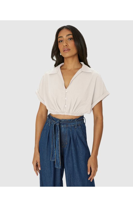 Camisa Cropped Feminina Barra Elástico Em Viscolinho