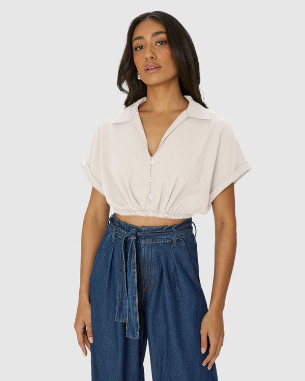 Camisa Cropped Feminina Barra Elástico Em Viscolinho Off White - G