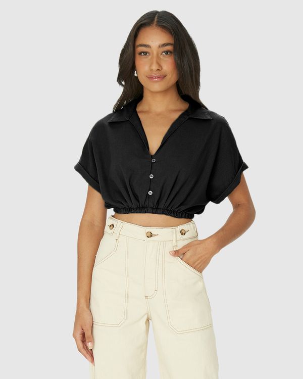 Camisa Cropped Feminina Barra Elástico Em Viscolinho Preto - P
