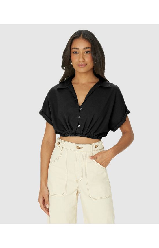 Camisa Cropped Feminina Barra Elástico Em Viscolinho