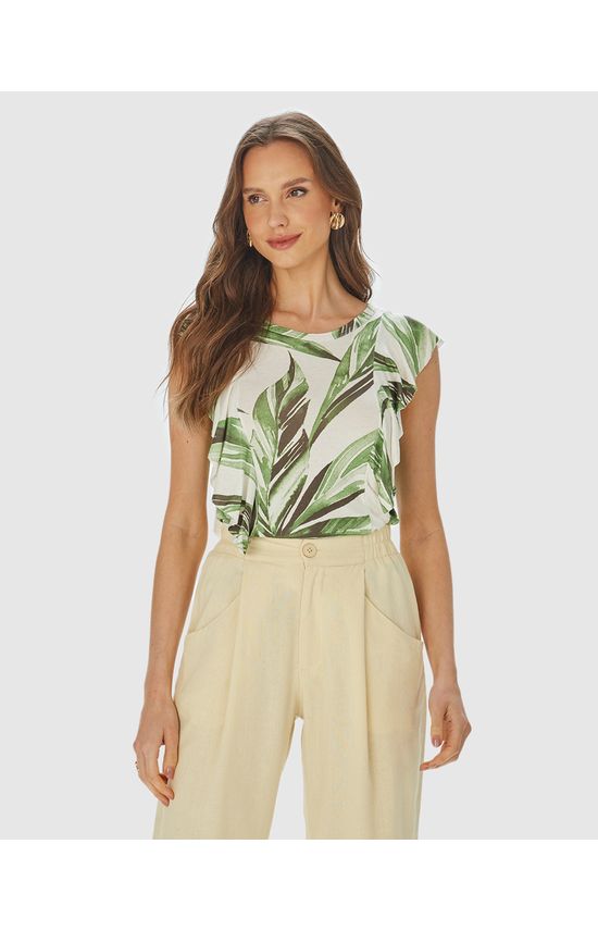 Blusa Feminina Estampada Babado Frente E Costas Em Malha Viscolinho Stretch