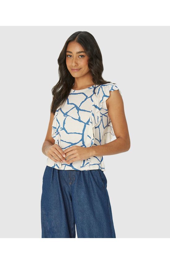 Blusa Feminina Estampada Babado Frente E Costas Em Malha Viscolinho Stretch