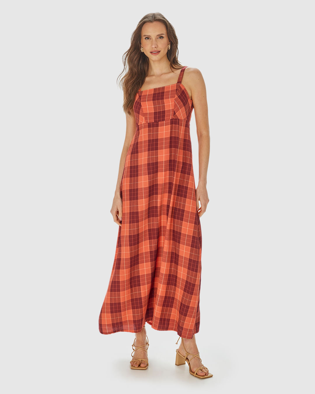 Vestido Longo Feminino Xadrez Alça Com Regulagem Em Viscose Lurex