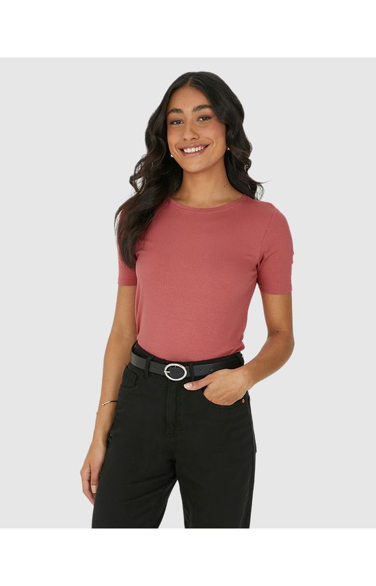 Blusa Feminina Decote Redondo Em Malha Canelada Brilho