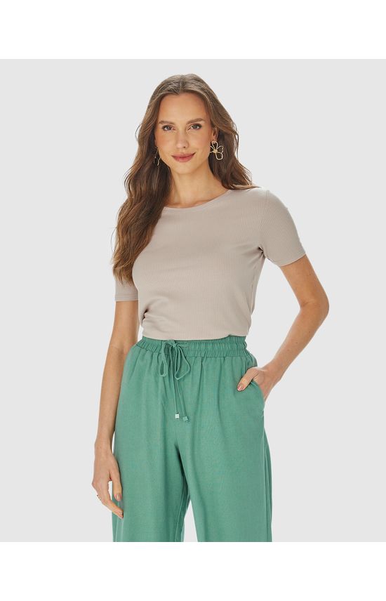 Blusa Feminina Decote Redondo Em Malha Canelada Brilho