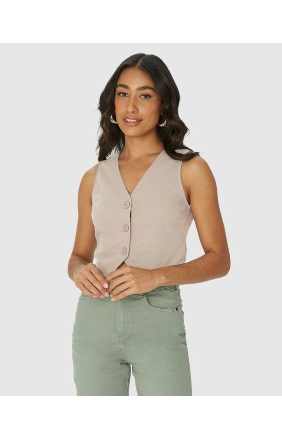 Colete Feminino Cropped Alfaiataria Botões Frontais Em Viscolinho
