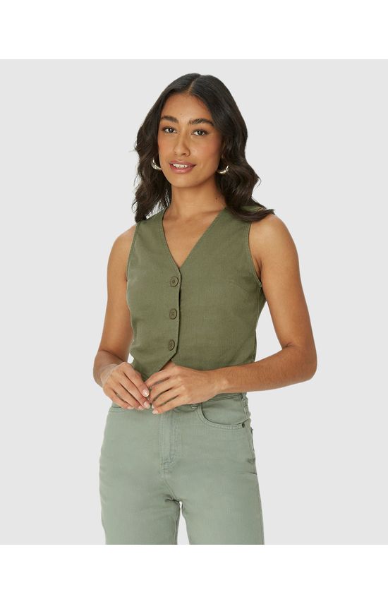 Colete Feminino Cropped Alfaiataria Botões Frontais Em Viscolinho