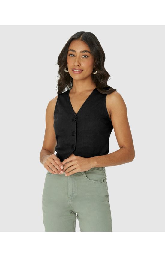 Colete Feminino Cropped Alfaiataria Botões Frontais Em Viscolinho