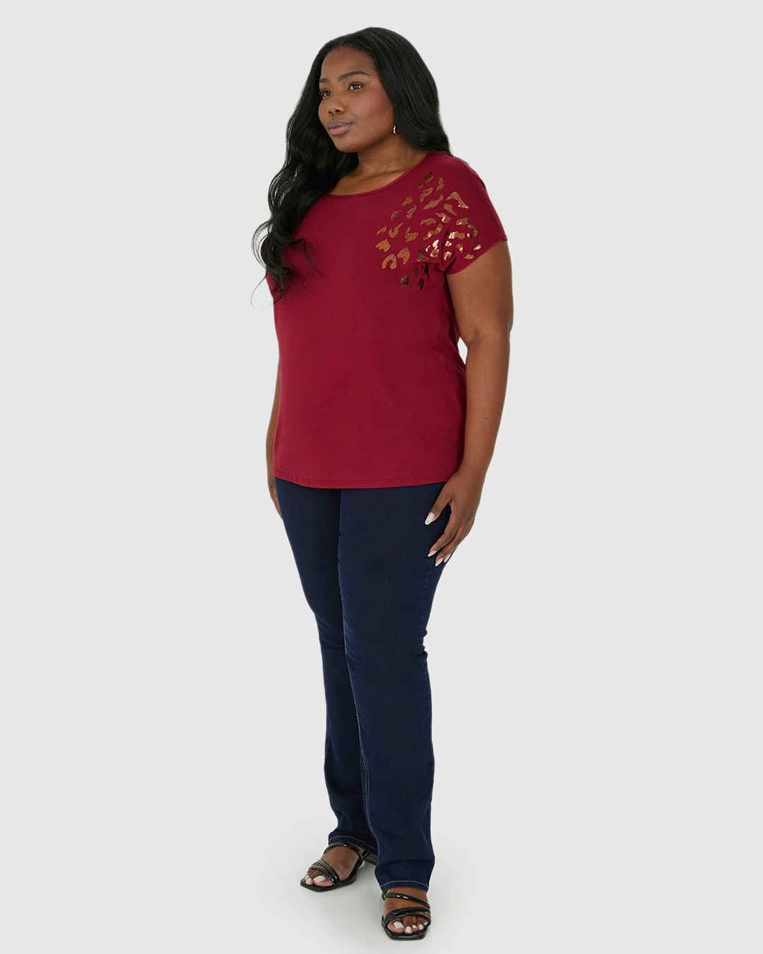 Camiseta Feminina Plus Size Estampa Metalizada Em Viscose Stretch - Imagem 12